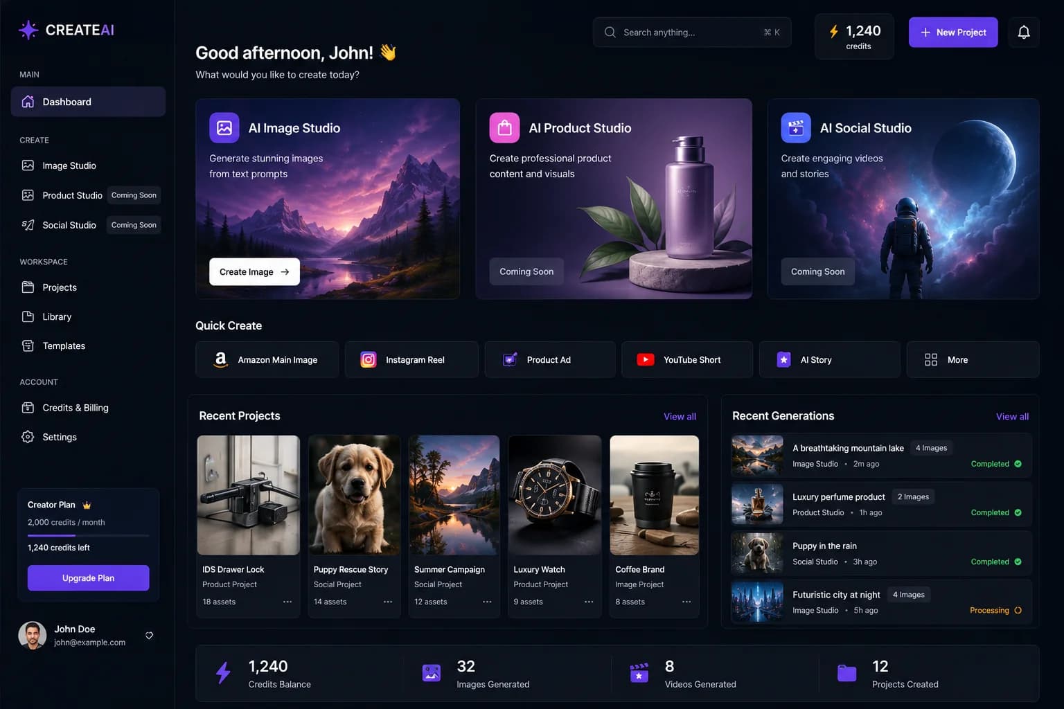 Dashboard CREATEAI interface