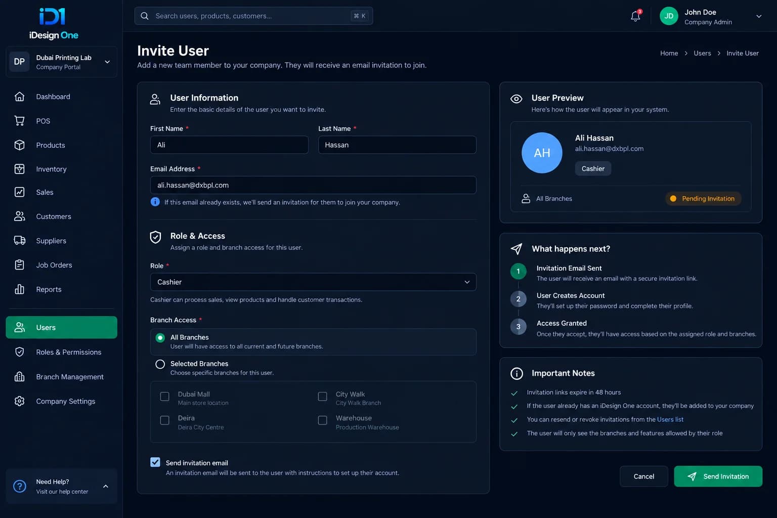 Invite User POS interface
